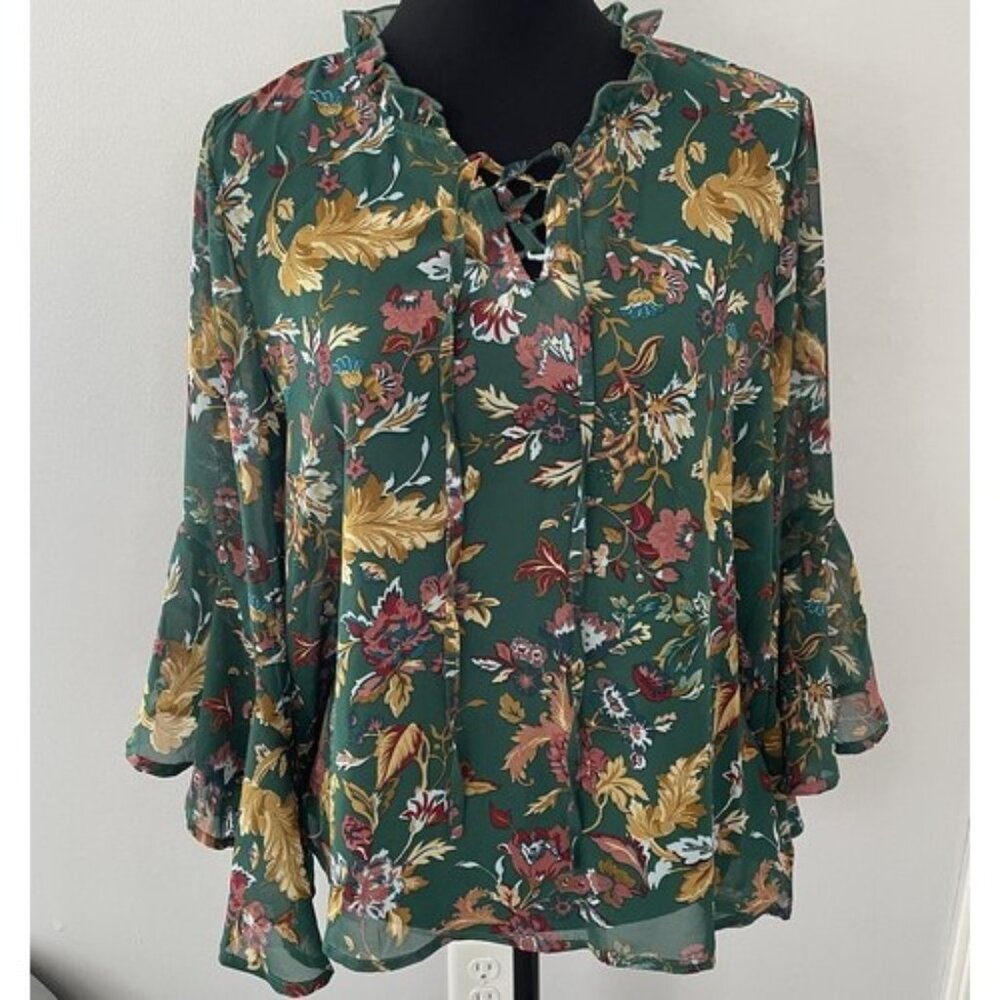 Frye Women’s Medium Green Floral Sheer Blouse Bell Sleeve Spring Top M